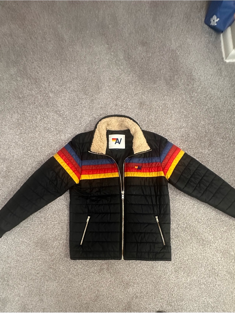 PERFECT CONDITION Aviator Nation Black Quilted Bomber with Rainbow Stripe